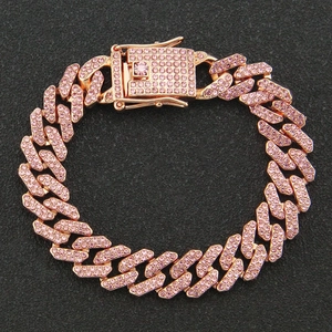Rose gold Cuban link bracelet with full pink rhinestones and secure clasp closure