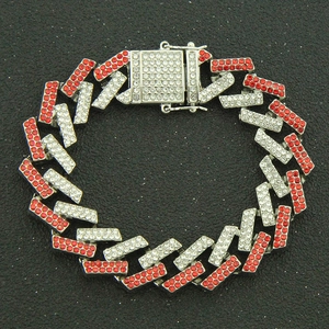 15mm iced out cuban link bracelet with red and white rhinestones for men on black background