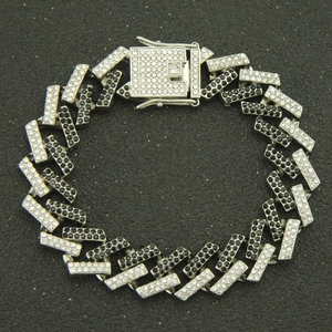 15mm Hip Hop Cuban link bracelet for men with black and clear rhinestones on black surface