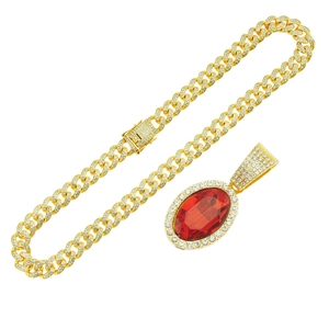 Men's hip hop gold Cuban link chain with large oval ruby pendant and pave diamonds