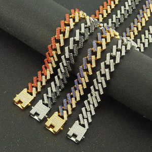 Mens 15mm Miami Cuban link necklace with colorful rhinestones in gold and silver finish