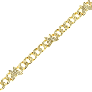 Détail d'un bracelet à chaîne cubaine hip hop avec des papillons dorés sertis de brillants