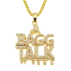 Collier Pendentif Lettre BAGG TALK Hip Hop pour Homme Strass Alliage Design Drip Plaqué Or Bijoux Streetwear