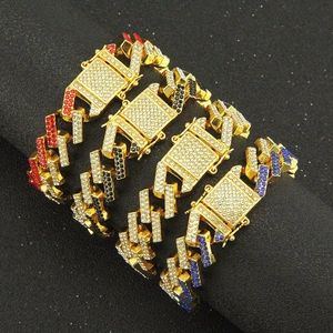 15mm Hip-hop Cuban link bracelets with colorful rhinestones in red, black, white and blue