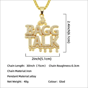 Collier hip hop à pendentif BAGG TALK avec zircons blancs étincelants et placage d'or