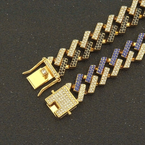 15mm Hip Hop Cuban link necklace with colorful rhinestones in gold-plated finish