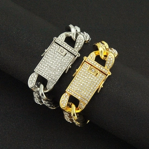 Bracciale Cuban Link da uomo hip-hop largo con strass luccicanti in oro e colore argento