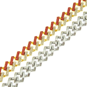 15mm Hip-hop Cuban link chain with colorful diamonds and textured silver necklace