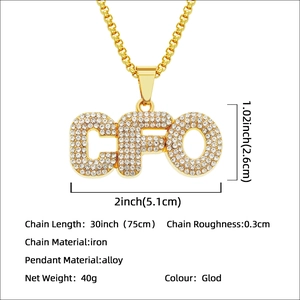 Hip hop gold CFO letter pendant necklace with sparkling rhinestones for men