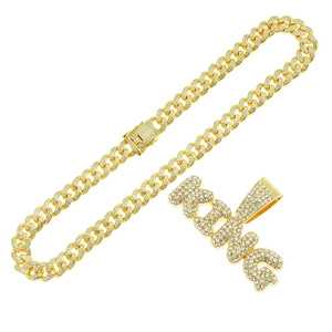 Chaîne cubaine dorée avec pendentif lettre KING serti de strass pour homme hip hop