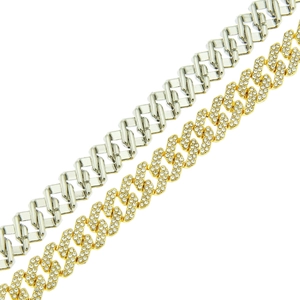Hip hop silver flat Cuban chain and gold diamond-encrusted link necklace set