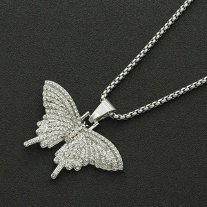 Collana con ciondolo a farfalla argento hip hop da uomo con diamanti e catena a scatola