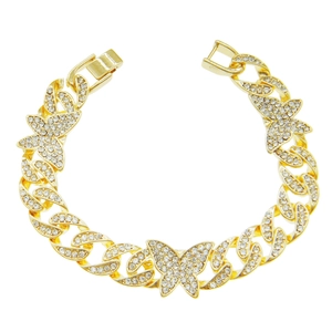 Pulsera cubana dorada con mariposas brillantes y pedrería para un estilo hip hop de lujo