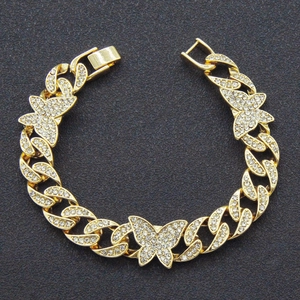 Hip-hop gouden Cubaanse schakelarmband met fonkelende vlinderbedels en pavé kristallen