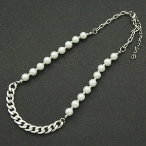 Collier hip-hop demi-perles et chaîne cubaine en acier titane avec fermoir mousqueton réglable