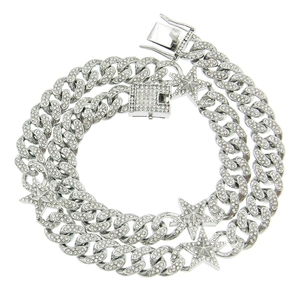 Hip Hop Alloy Iced Out Star Cuban Link Necklace Silver Rhinestone Star Charms Pendant Necklace For Men Club Jewelry