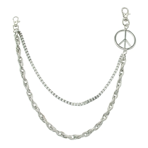 Men Punk Street Double Layer Rope Box Chain Pant Chain Silver Peace Sign Pendant Alloy Iron Denim Waist Chain Jewelry