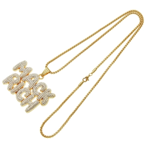 Collana hip-hop da uomo in oro con ciondolo MACK RICH a doppio strato con strass lucidi