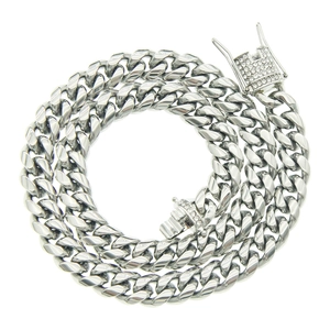 Polished silver Cuban link chain necklace with iced-out diamond box clasp for men