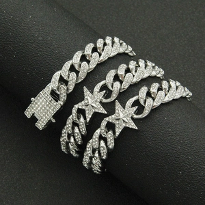 Chunky hip-hop iced out Cuban link chain necklace with crystal star pendants in silver