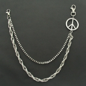 Men's double layer punk waist chain with heavy twist links and peace sign pendant