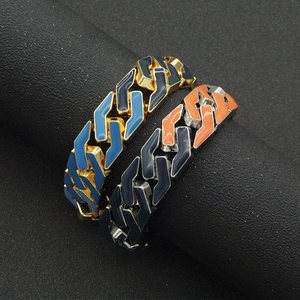 Men's wide Cuban link bracelets with vibrant enamel inlay in gold and silver finishes
