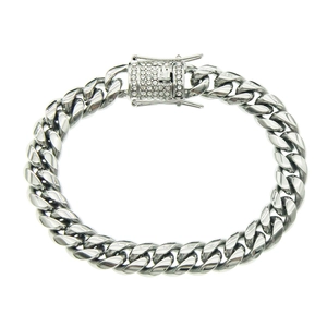 Iced out silver cuban link chain necklace with diamond encrusted square clasp for men