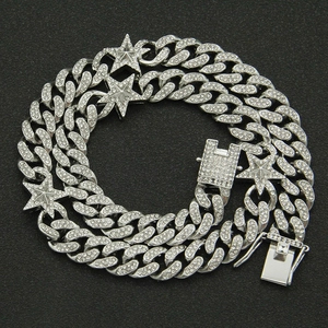 Icy silver Cuban link chain necklace with sparkling iced out stars for men's hip hop style
