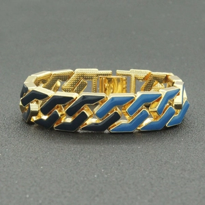 Men's hip hop gold Cuban bracelet with blue and black enamel geometric chain links