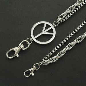 Men's double layer silver street punk pants chain with twist links and peace pendant