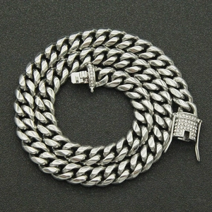 Men Hip Hop Stainless Steel Cuban Link Necklace With Rhinestone Box Clasp Silver Iced Out Chain Fashion Jewelry Gift