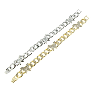 Bracelets gourmette papillon hip-hop glacés en or et argent avec strass brillants