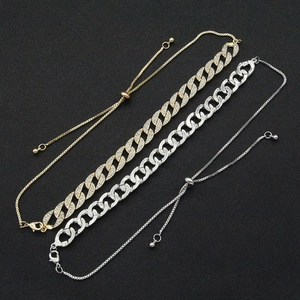 Adjustable Cuban link chain necklace in gold with rhinestones and polished silver finish