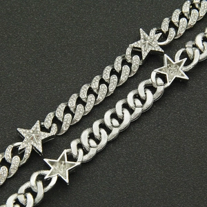 Men's hip hop silver Cuban chain necklace with iced out stars and crystal pavé details