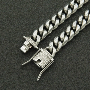Polished silver cuban link chain necklace with iced out rhinestone box clasp for men