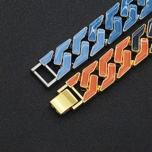 Men's hip hop Cuban link bracelet in silver with blue and gold with red enamel accents