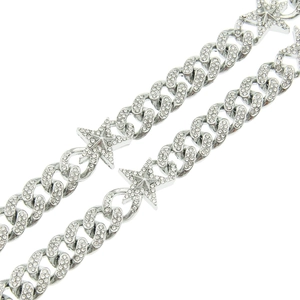 Hip hop silver Cuban link chain necklace with iced out stars and white rhinestones