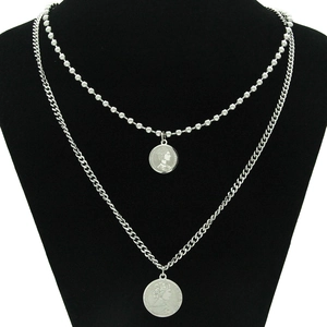 Vintage Double Layer Coin Pendant Necklace For Women Titanium Steel Iron Silver Curb Ball Chain Streetwear Fashion Jewelry