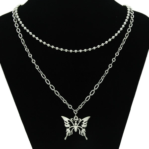 Hip Hop Stainless Steel Double Layer Butterfly Pendant Necklace Trendy Women Unisex Silver Bead Chain Clavicle Necklace
