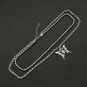Cool double-layer stainless steel necklace featuring a hollow butterfly pendant and bead chain