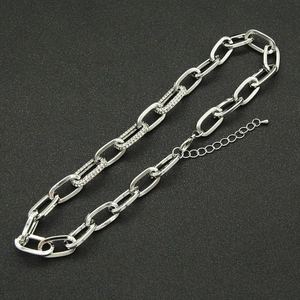 Vintage silver chunky Cuban chain necklace with sparkling rhinestone accents for women