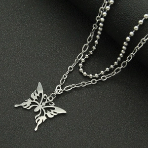 Cool double layered stainless steel butterfly pendant necklace with punk Y2K style chains