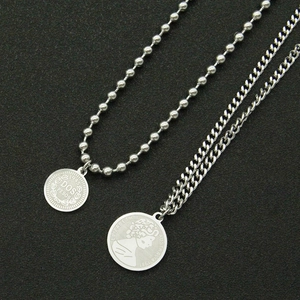 Vintage silver layered ball and curb chain necklaces with coin pendants for women