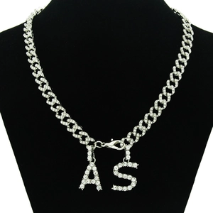Iced Out Rhinestone Letter A S Pendant Necklace For Women Men Silver Alloy Cuban Link Chain Hip Hop Fashion Jewelry