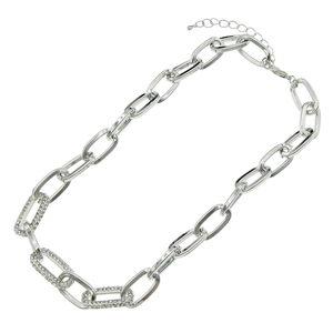 Chunky silver Cuban link choker necklace with three rhinestone-pave segments for women