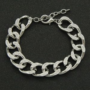 Silver Cuban link chain necklace with micro-paved rhinestones and adjustable lobster clasp