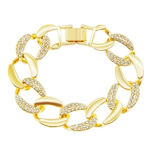 Golden Cuban link bracelet with sparkling rhinestones for hip-hop fashion on white background