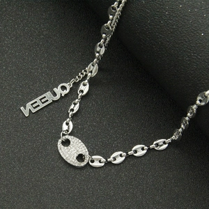 Silver coffee bean chain necklace with zircon link and QUEEN letter pendant