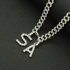 Silver cuban chain necklace with AS letter pendants and sparkling white rhinestones