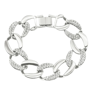 Close-up of silver Cuban link bracelet featuring rhinestone-encrusted links and fold-over clasp